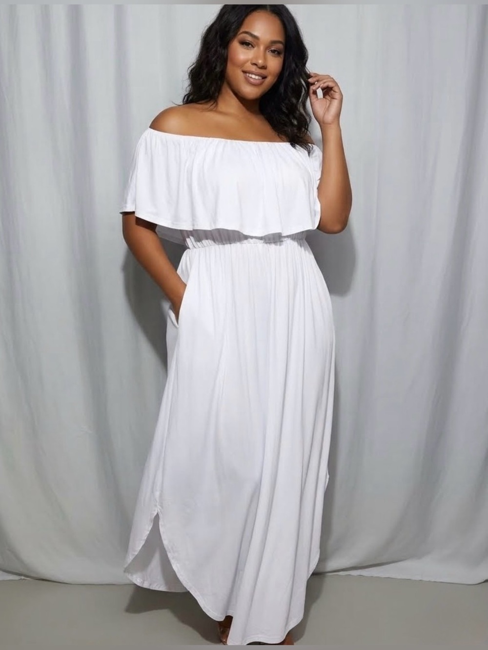 Off-Shoulder White Maxi Dress with Elastic Waist plus size two XL vacation party